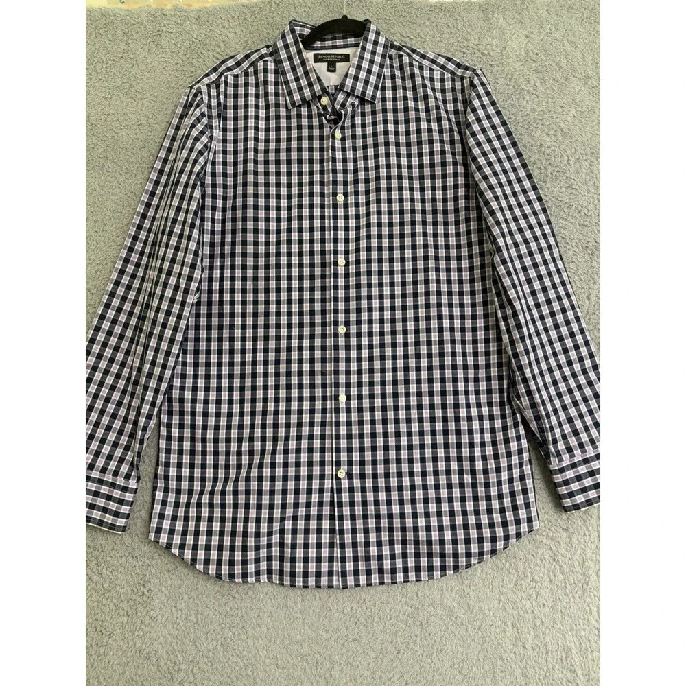 Banana Republic Mens Non-Iron Tailored Slim Fit Plaid Shirt Purple Blue Large